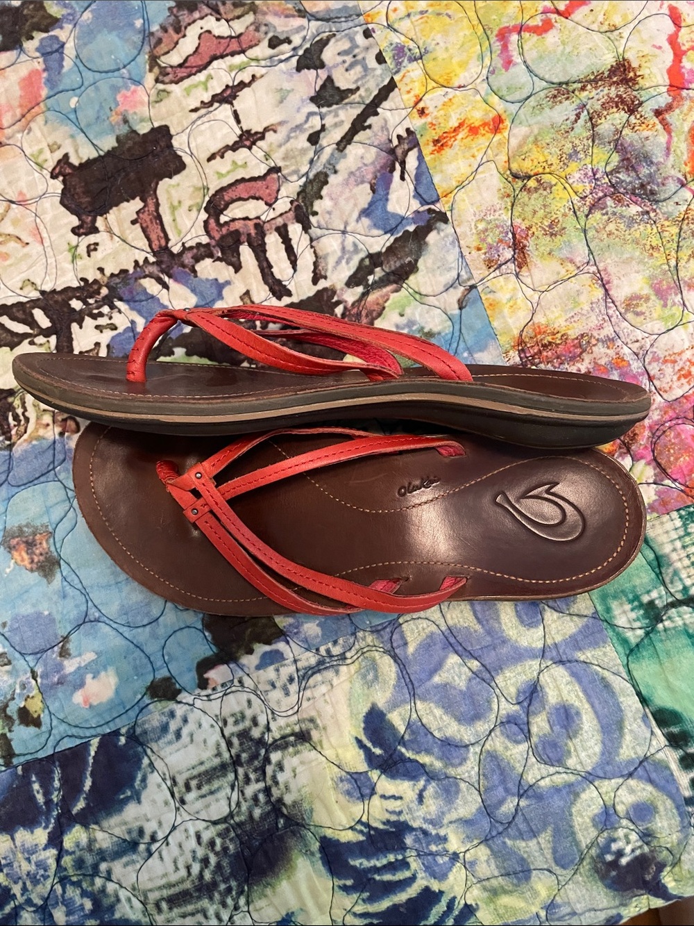 OluKai Brown Leather Sandals with Coral Straps - Picture 3 of 4